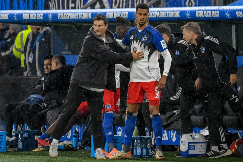 Trainer Merlin Polzin und Robert Glatzel bei einer Einwechslung in einem Spiel des HSV