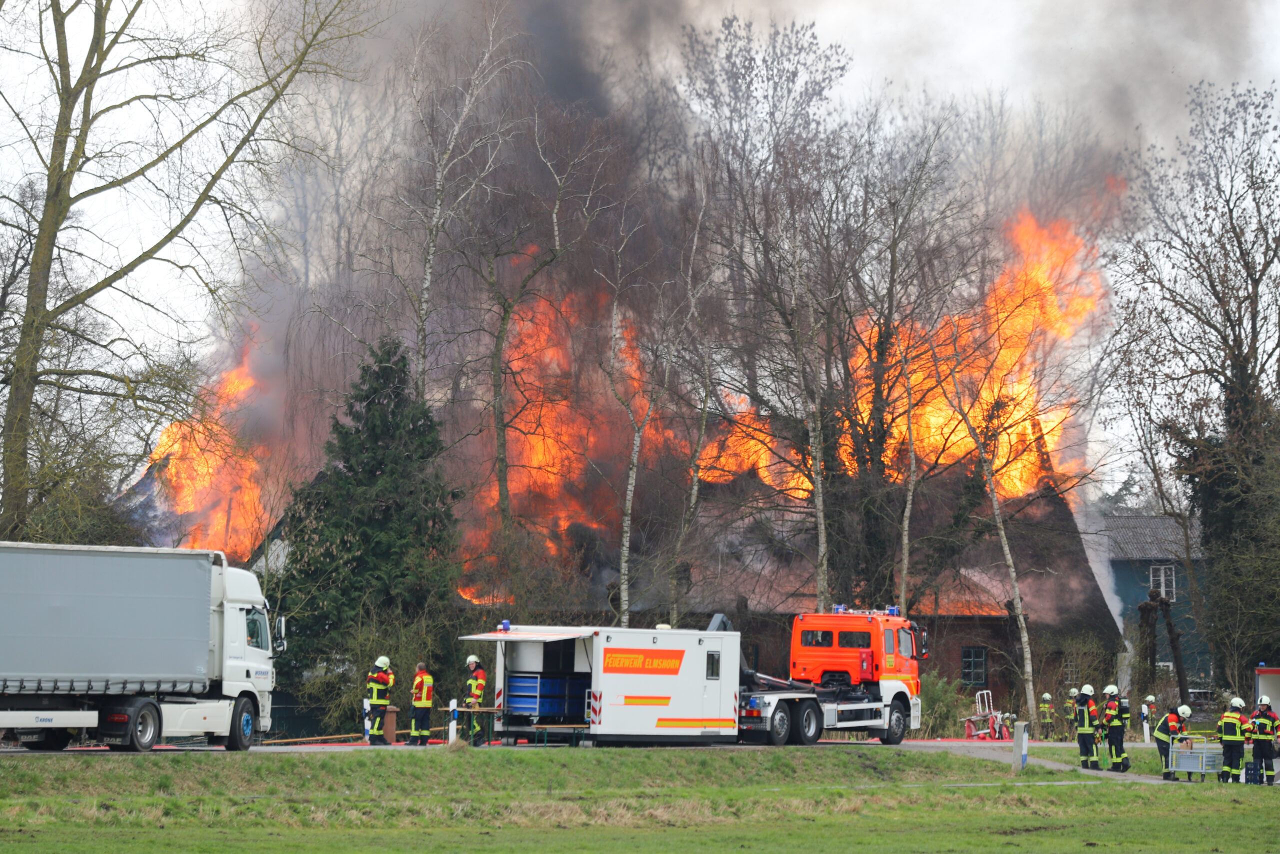 Flammen schlagen meterhoch aus dem Reetdachhaus. Die Feuerwehr konnte bei dem Großbrand in Seester Schlimmeres verhindern.