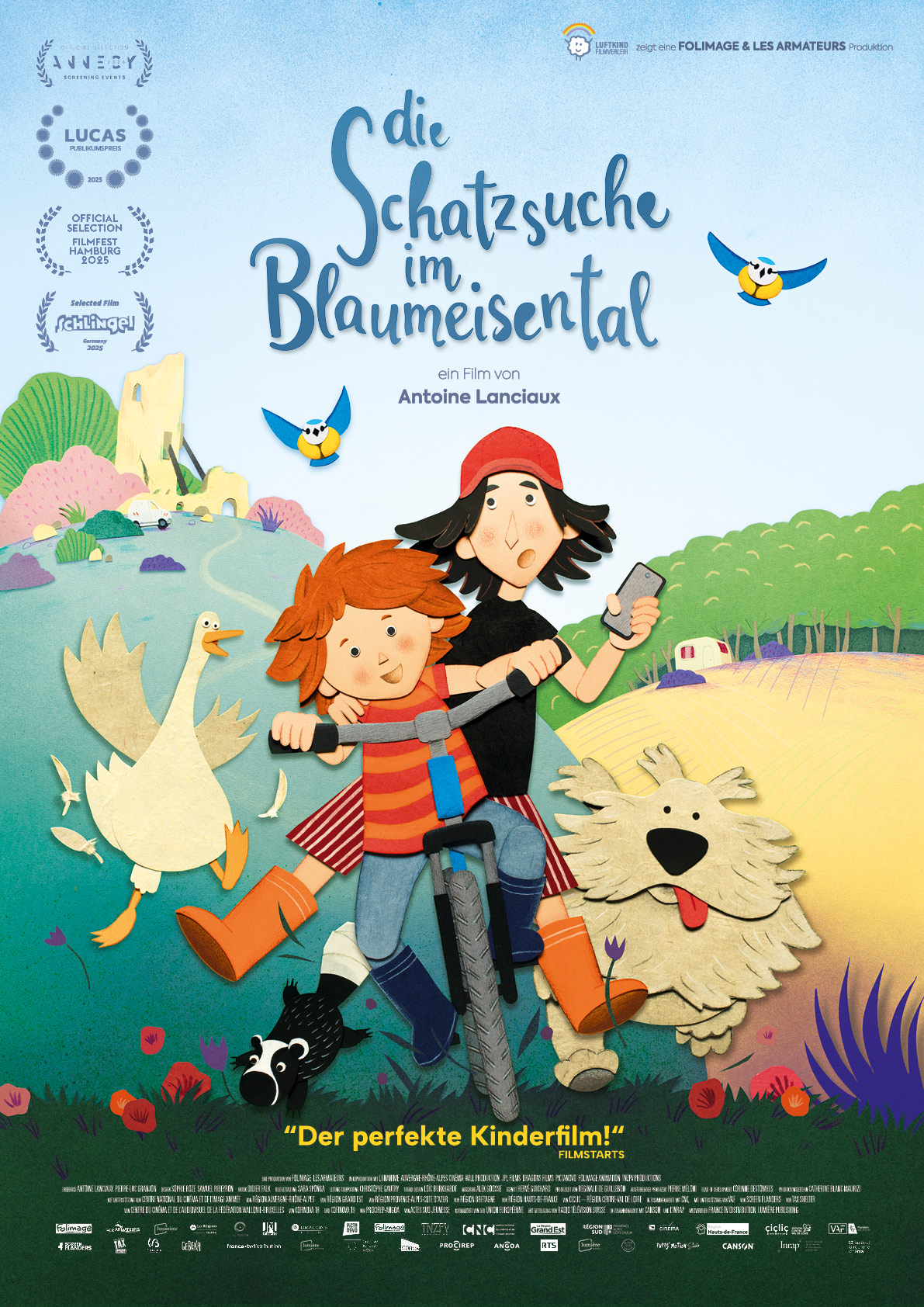 Filmposter von „Die Schatzsuche im Blaumeisental“ mit den animierten Charakteren auf einem Fahrrad
