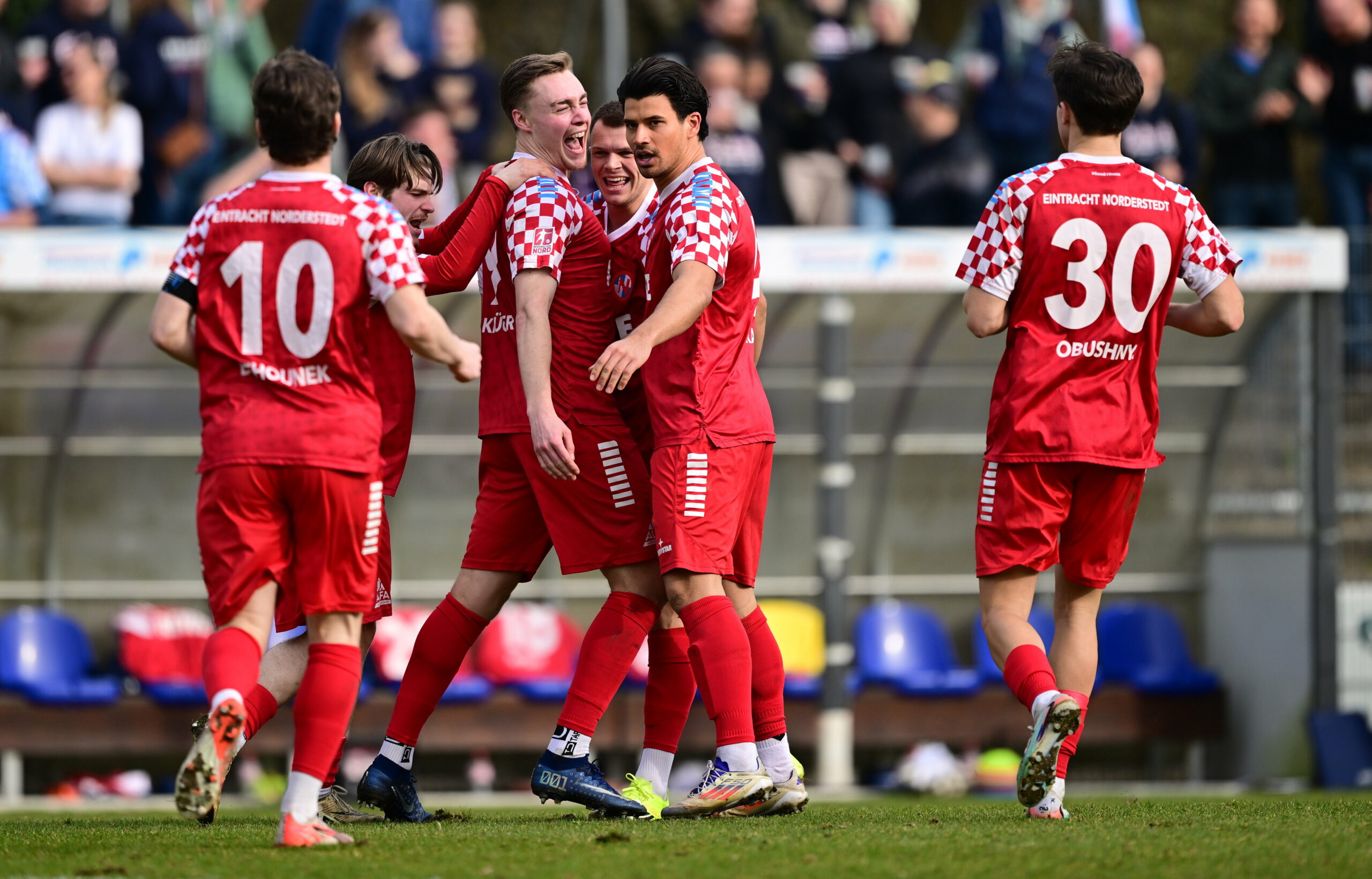 Sechs Spieler von Eintracht Norderstedt jubeln gemeinsam in einer Traube.