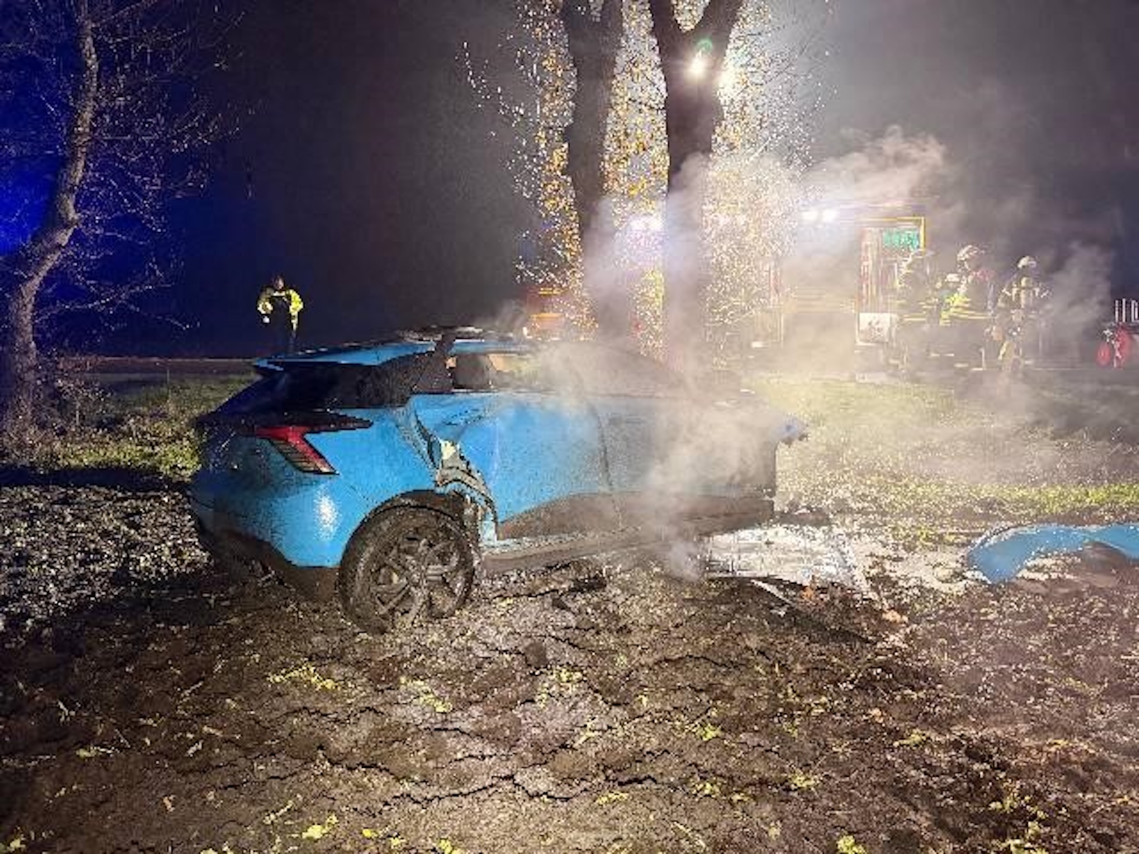 Tödlicher Unfall in Schiffdorf (Landkreis Cuxhaven): Nach einer Kollision mit einem Baum fing ein Elektroauto Feuer.