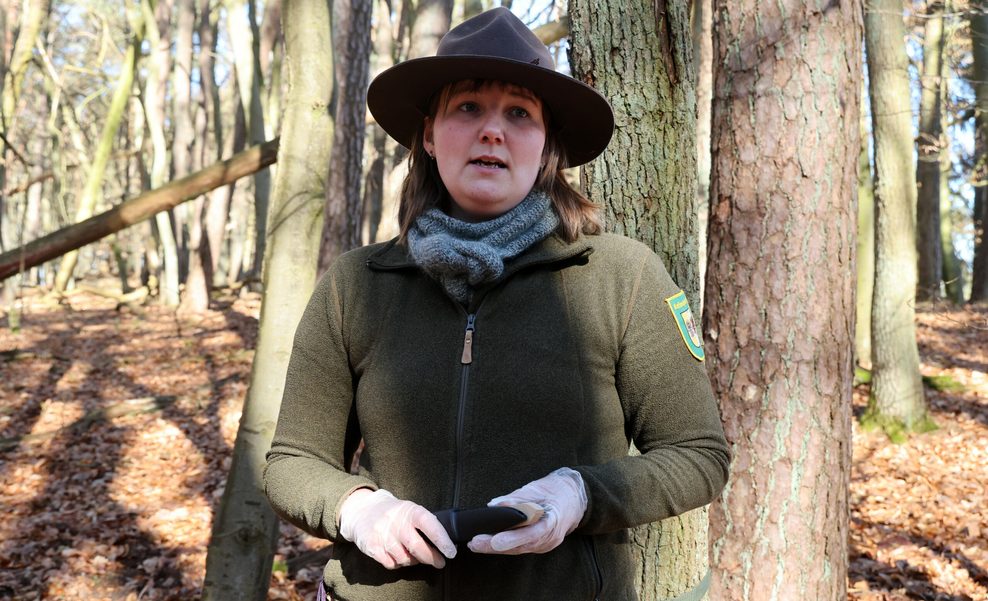 Rangerin Sarah Lemke steht im Müritz-Nationalpark.