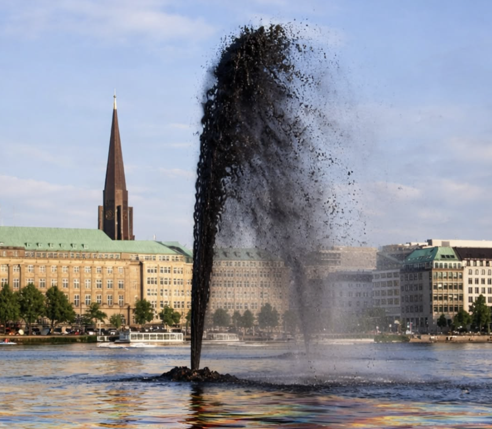Eine Öl-Fontaine in der Alster? Mit diesem KI-generierten Bild erlaubt sich die Sozialbehörde einen kleinen Aprilscherz.
