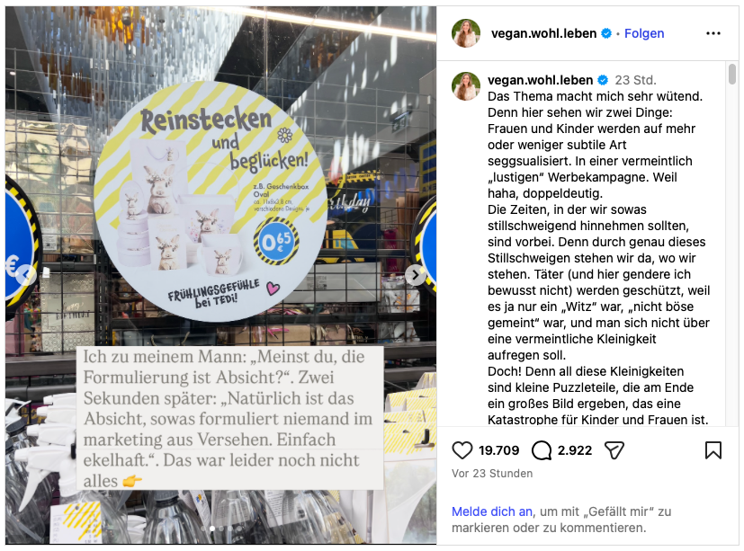 Schaufenster eines TEDi-Markts mit rundem Werbeplakat für Osterprodukte („Reinstecken und beglücken!“); daneben Screenshot eines Instagram-Posts mit kritischem Kommentar und vielen Reaktionen.