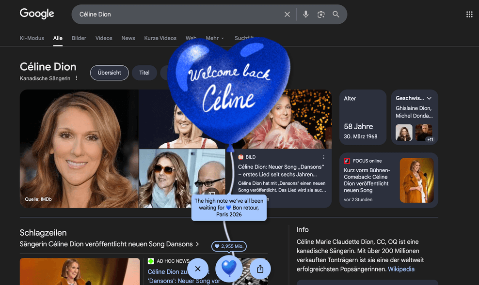 Wer nach Céline Dion googlet, bekommt diesen Gruß von Google angezeigt.