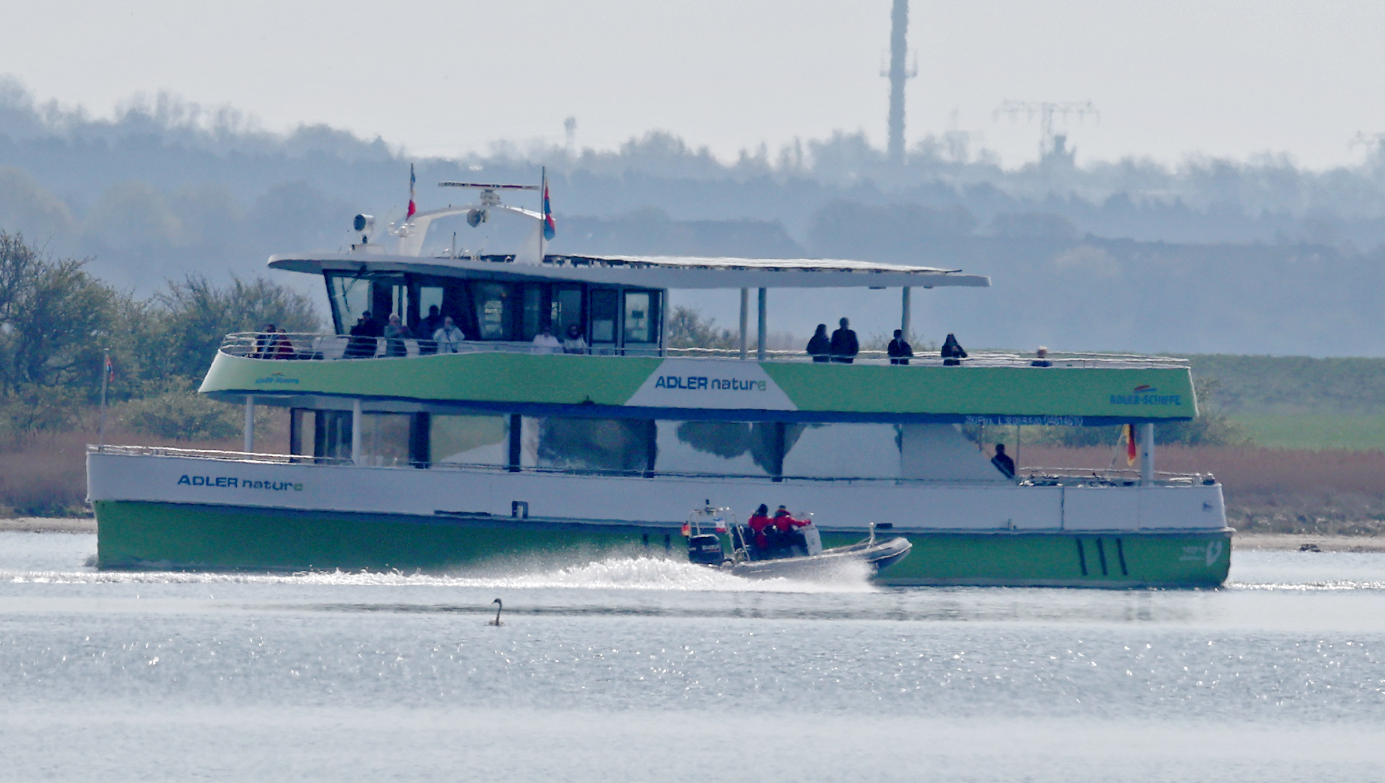 Die Polizei eskortiert das Ausflugsschiff „Adler nature“ in der Nähe des gestrandeten Buckelwals.