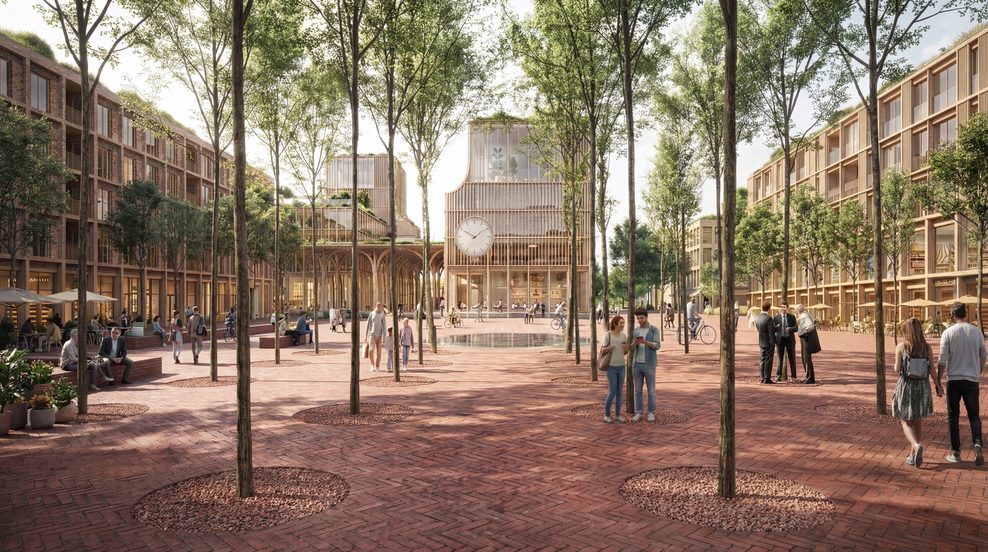 Auf der Fläche des heutigen Busbahnhofs und des davor gelegenen Parkplatzes soll in diesem Entwurf ein neuer Platz mit Bäumen entstehen.