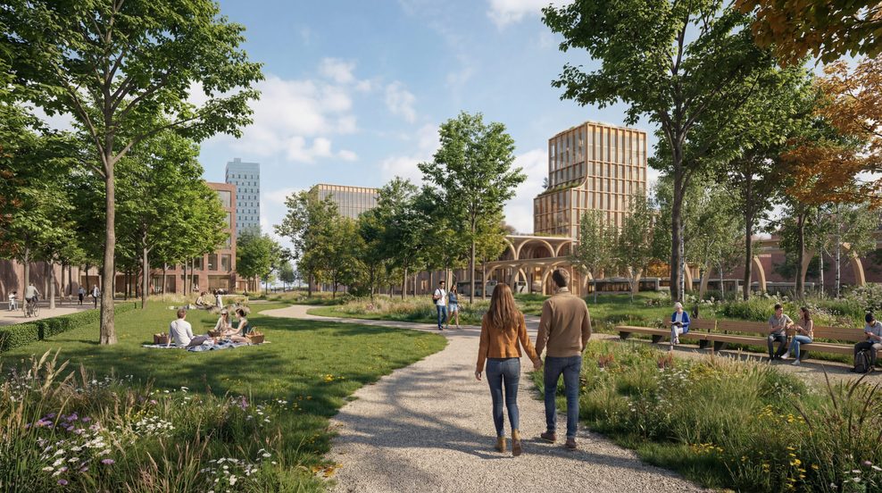 Auf den heutigen Gleisanlagen planen die Architekten eine große Parkanlage. Rechts zu erkennen: Der neue Busbahnhof.