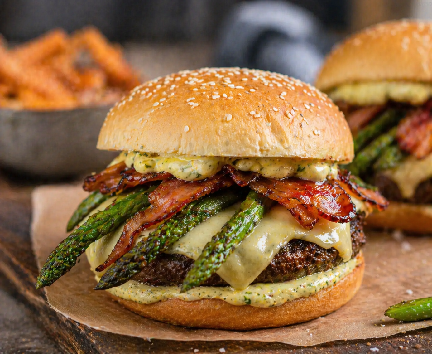 Burger mit grünem Spargel, Bacon, geschmolzenem Käse und Sauce auf einem rustikalen Holzbrett angerichtet