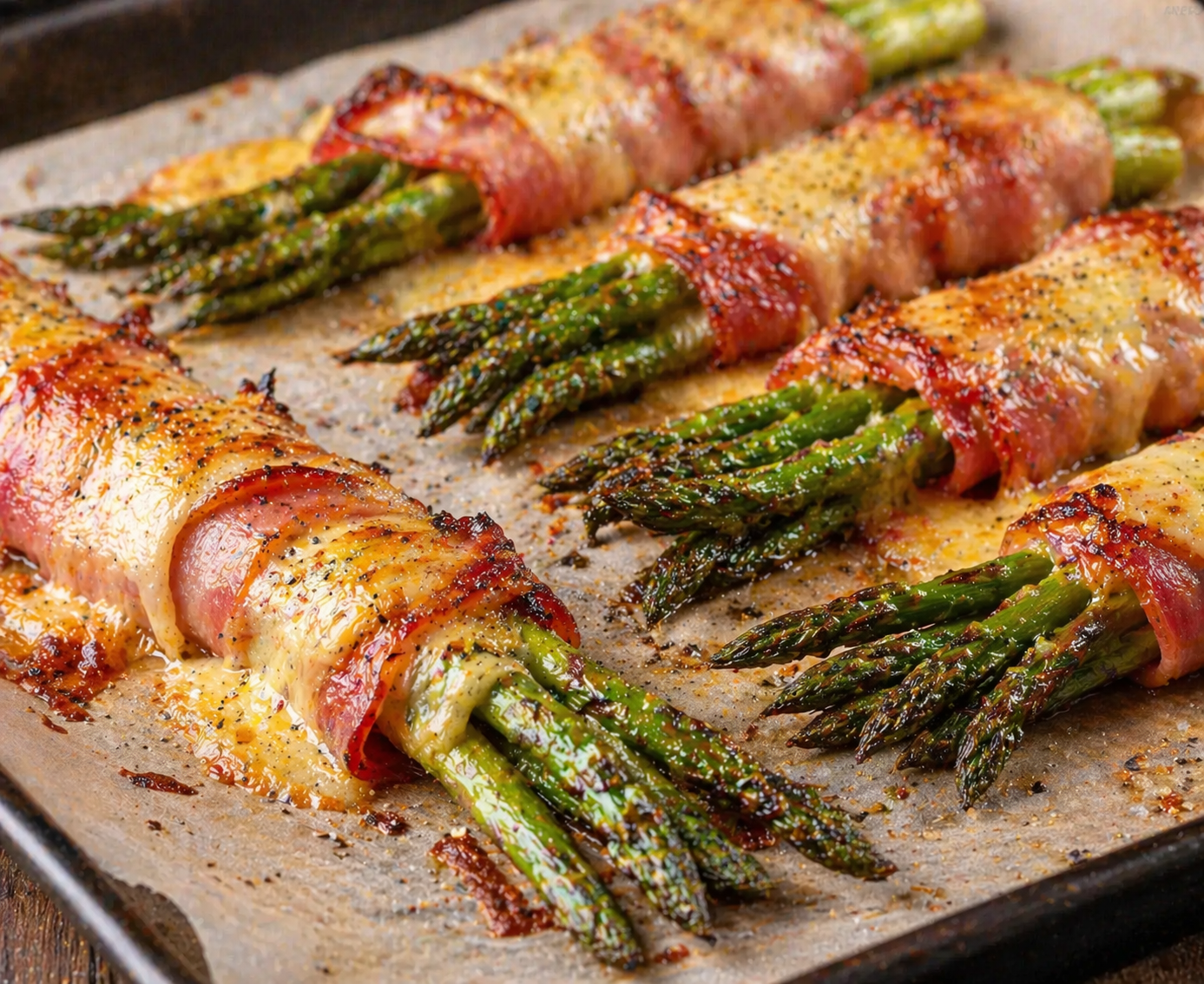 Im Ofen gebackene Spargelbündel mit Bacon und geschmolzenem Käse auf einem Backblech angerichtet