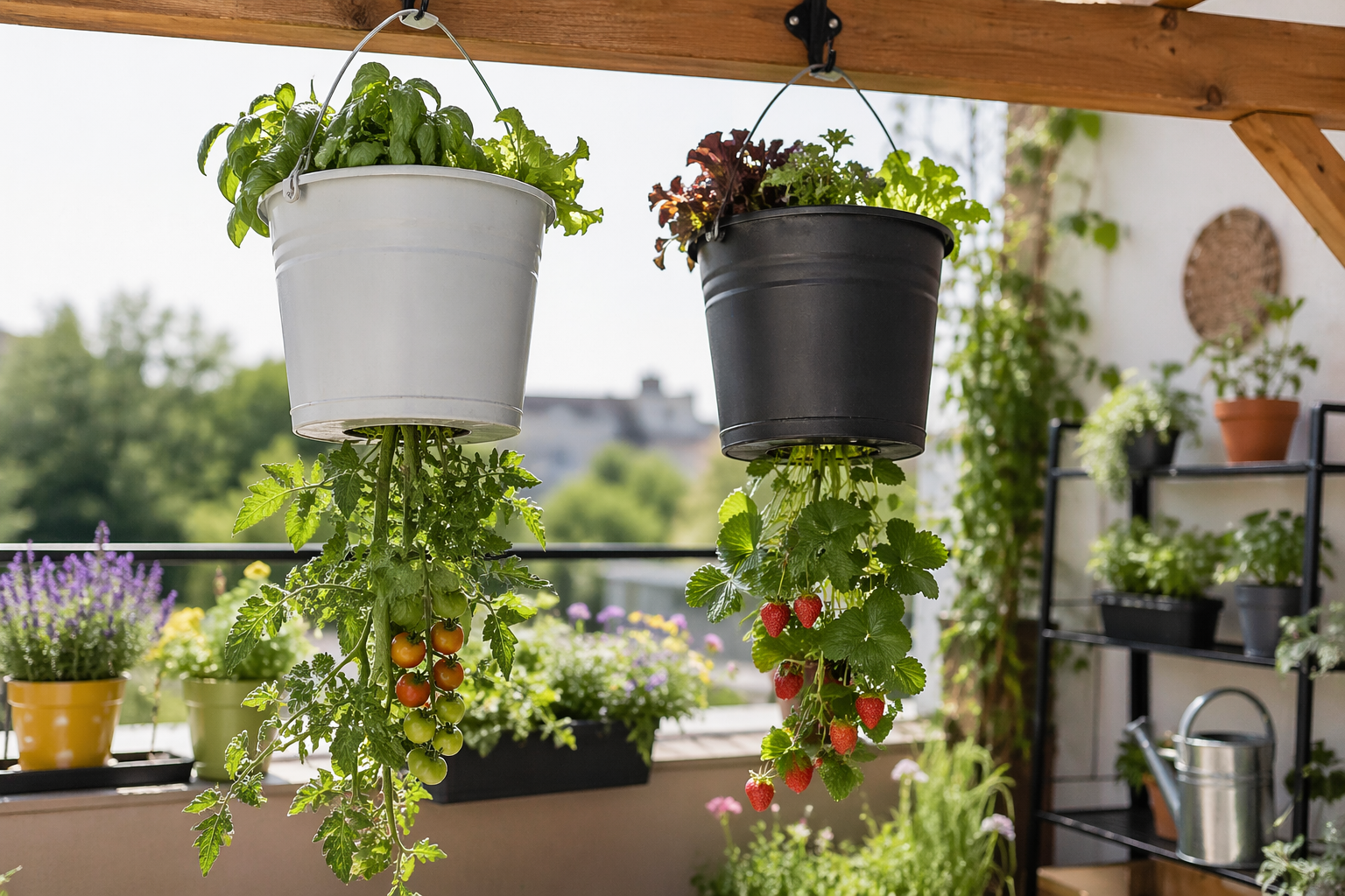wei hängende Pflanzgefäße mit kopfüber wachsenden Pflanzen auf einem Balkon, umgeben von weiteren Töpfen und Grünpflanzen