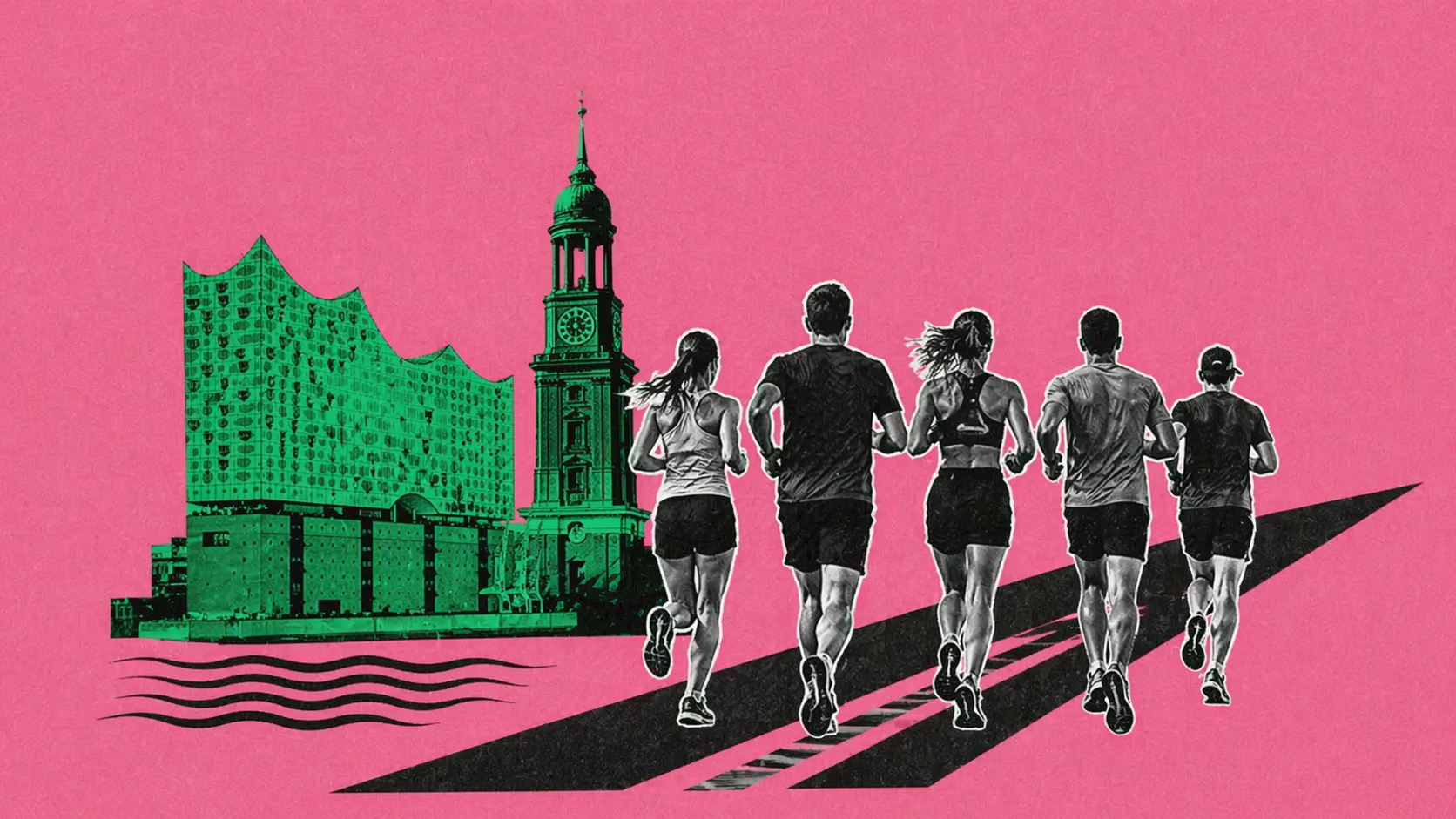 Grafische Darstellung einer eng laufenden Gruppe von Joggern vor stilisierten Hamburger Wahrzeichen wie Elbphilharmonie und Michel im pop-artigen Design.