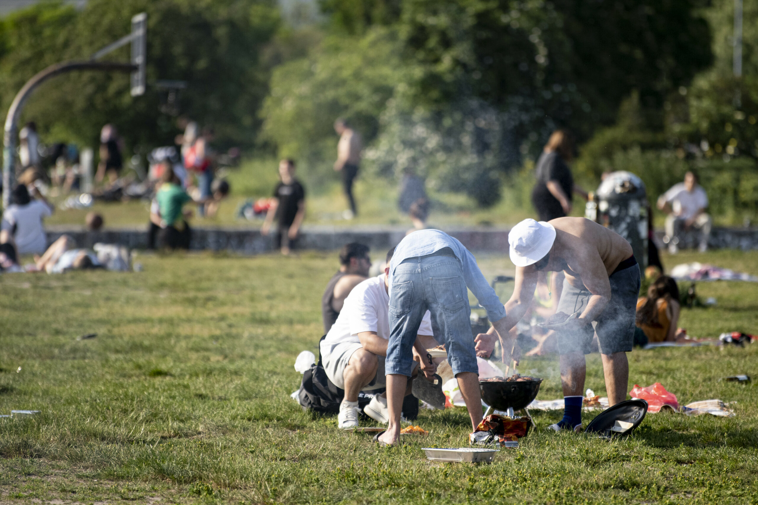 Eine Gruppe grillt im Park.