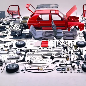 ein VW Golf, zerlegt in seine Einzelteile
