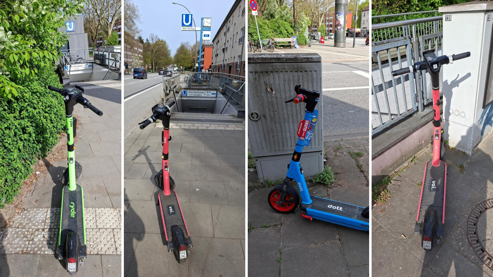 „In einer schnellen Stichprobe am Freitagvormittag fanden wir allein in der Abstellverbotszone am U-Bahnhof Alter Teichweg drei E-Fahrräder und vier Roller von drei Firmen vor“, schreibt die Linke zu diesen Bildern