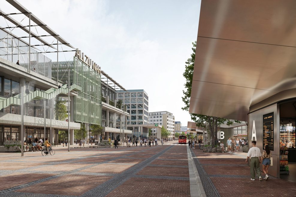 Das bestehende Bahnhofsgebäude soll in ein „Stadthaus“ umgebaut werden (links). Rechts zu sehen: Der neue/alte Busbahnhof.