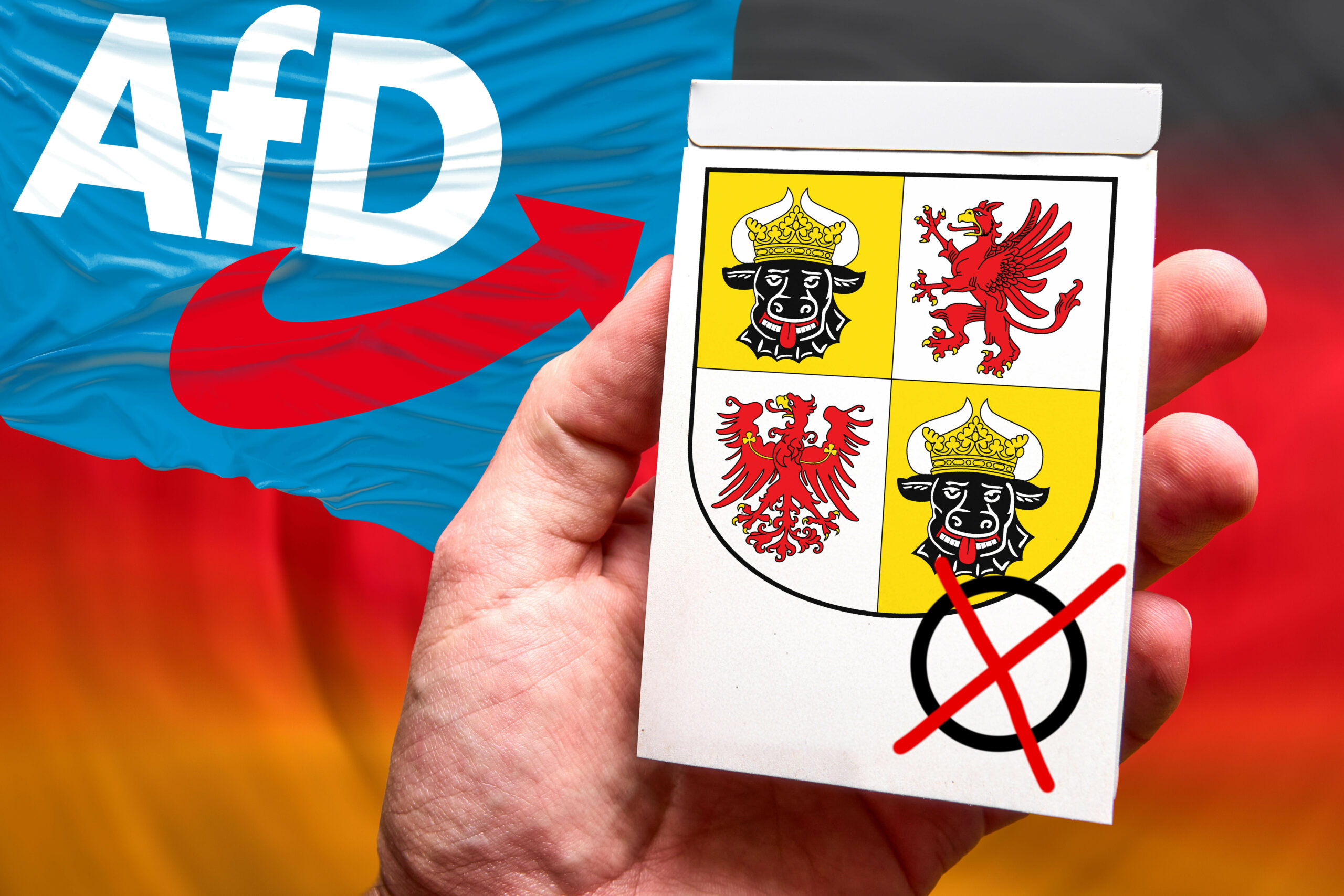 Fotomontage, FFahne der AfD neben einer Hand eines Wählers