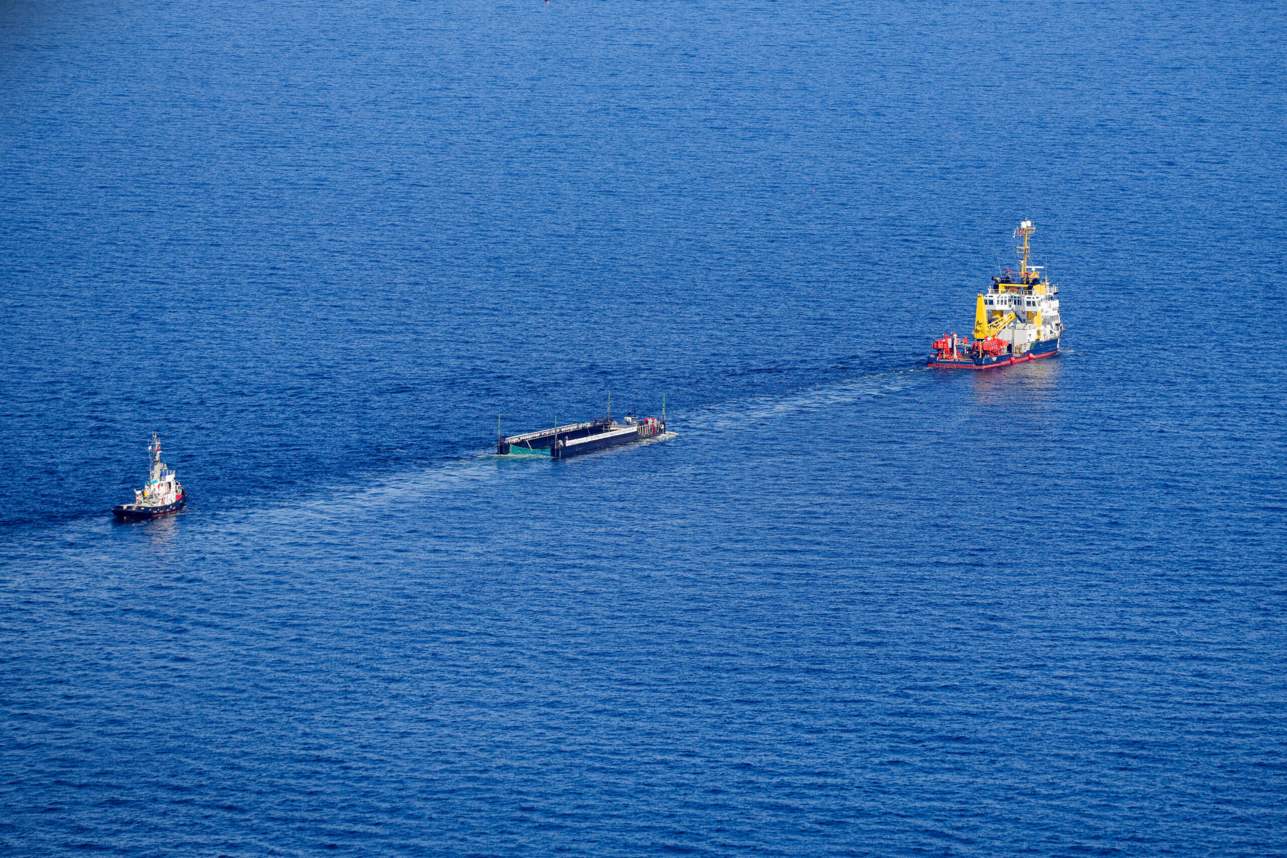 Der Wal wird in seiner Barge vom Schlepper Fortuna B entlang der dänischen Küste durch die Ostsee gezogen.