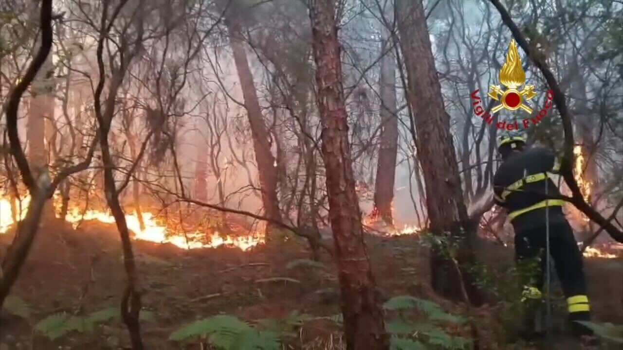 Auf diesem Bild aus einem Video der italienischen Feuerwehr ist ein Feuerwehrmann bei einem Waldbrand in der Toskana im Einsatz.