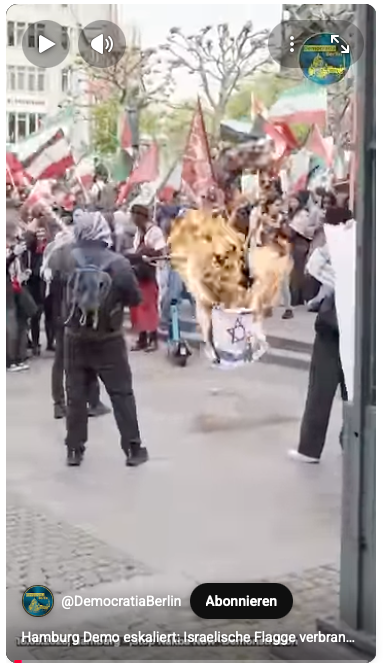 Ein Video zeigt, wie die Israel-Flagge in Flammen aufgeht.