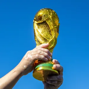 Zwei Hände stemmen den WM-Pokal in den blauen Himmel